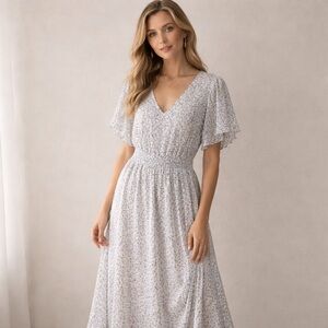 CeCe Blue Floral Maxi Dress Size L Romantic Smocked Waist Wedding Guest